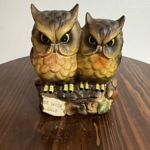 Pair of Owls "Be Wise And Save" Ceramic Coin Bank Vintage MCM W/Rubber Stopper